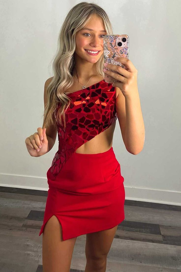 Red One-Shoulder Cutout Waist Homecoming Dress SH787
