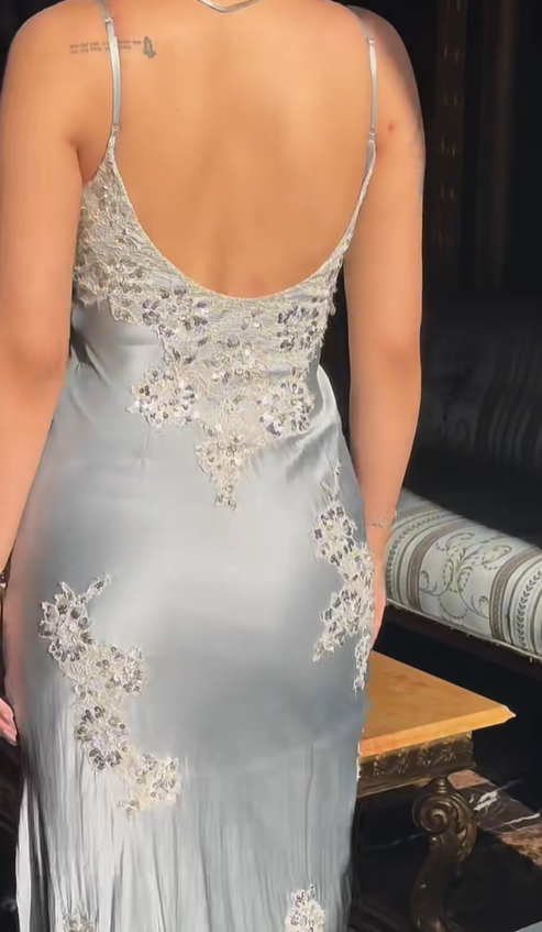 Vintage Sheath Spaghetti Strap Lace Baby Blue Satin Party Dress Evening Dress with Slit SH3346