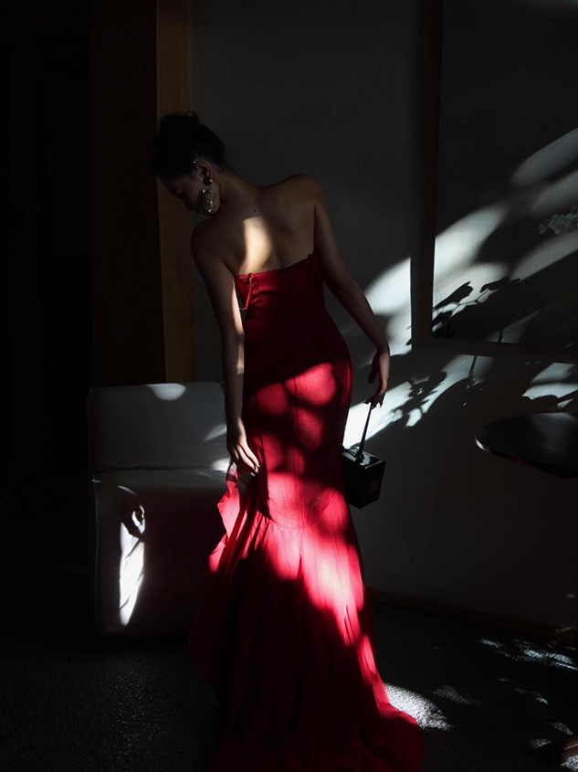 Stunning Burgundy Mermaid Spaghetti Strap Layered Chiffon Prom Dress Party Dress Date Dresses SH4159