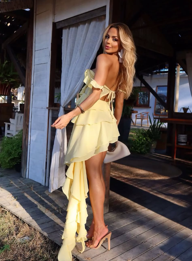 Yellow A Line Off the Shoulder Layered Chiffon Short Homecoming Dress Outfits SH4765