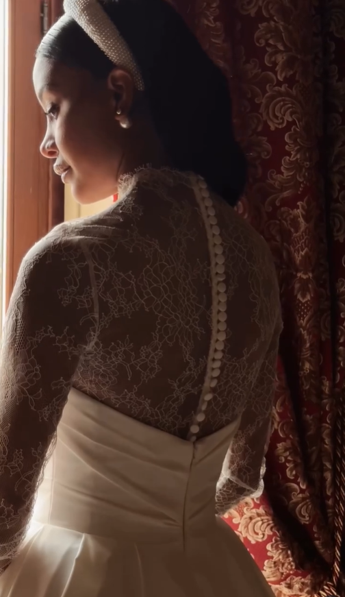 Elegant A Line High Neck Long Sleeve White Lace Satin Wedding Dress SH6022