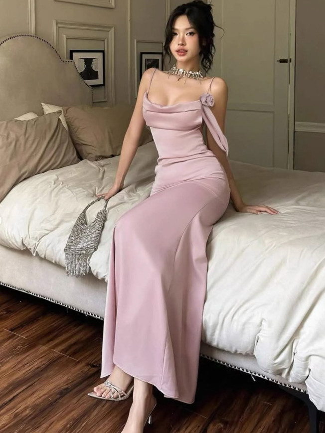 Gentle Mermaid Spaghetti Straps Pink Satin Prom Dress Party Dress Date Dress SH3965
