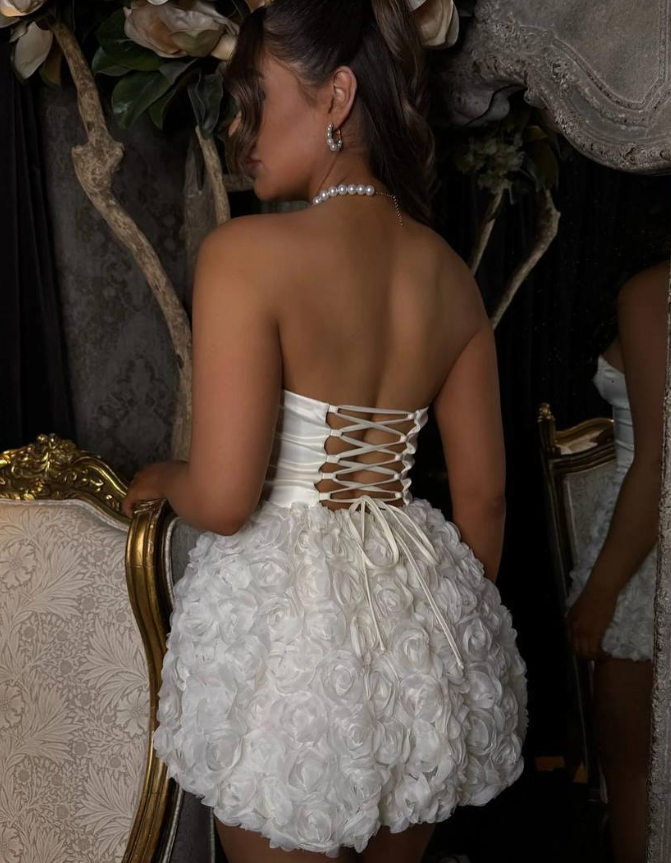 Cute White Flower A Line Sweetheart Neck Satin Homecoming Dress Cocktail Dress SH3497