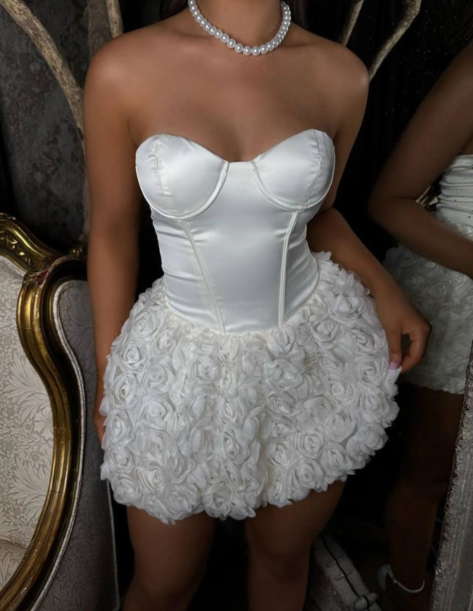 Cute White Flower A Line Sweetheart Neck Satin Homecoming Dress Cocktail Dress SH3497
