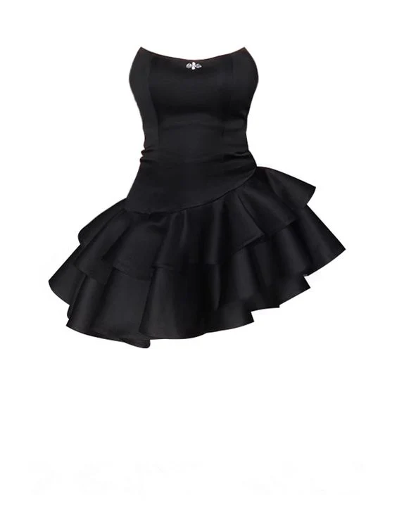 Chic Strapless Black Satin Short Prom Dress Layered Homecoming Dresses SH1411