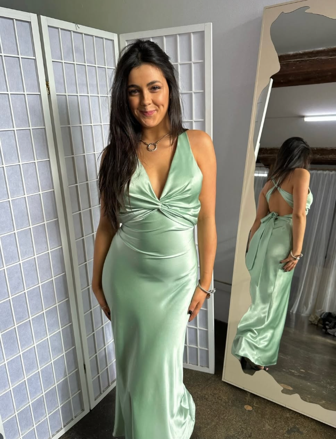 Green Simple Sheath V Neck Satin Open Back Prom Dress Evening Dress Formal Gown SH3921