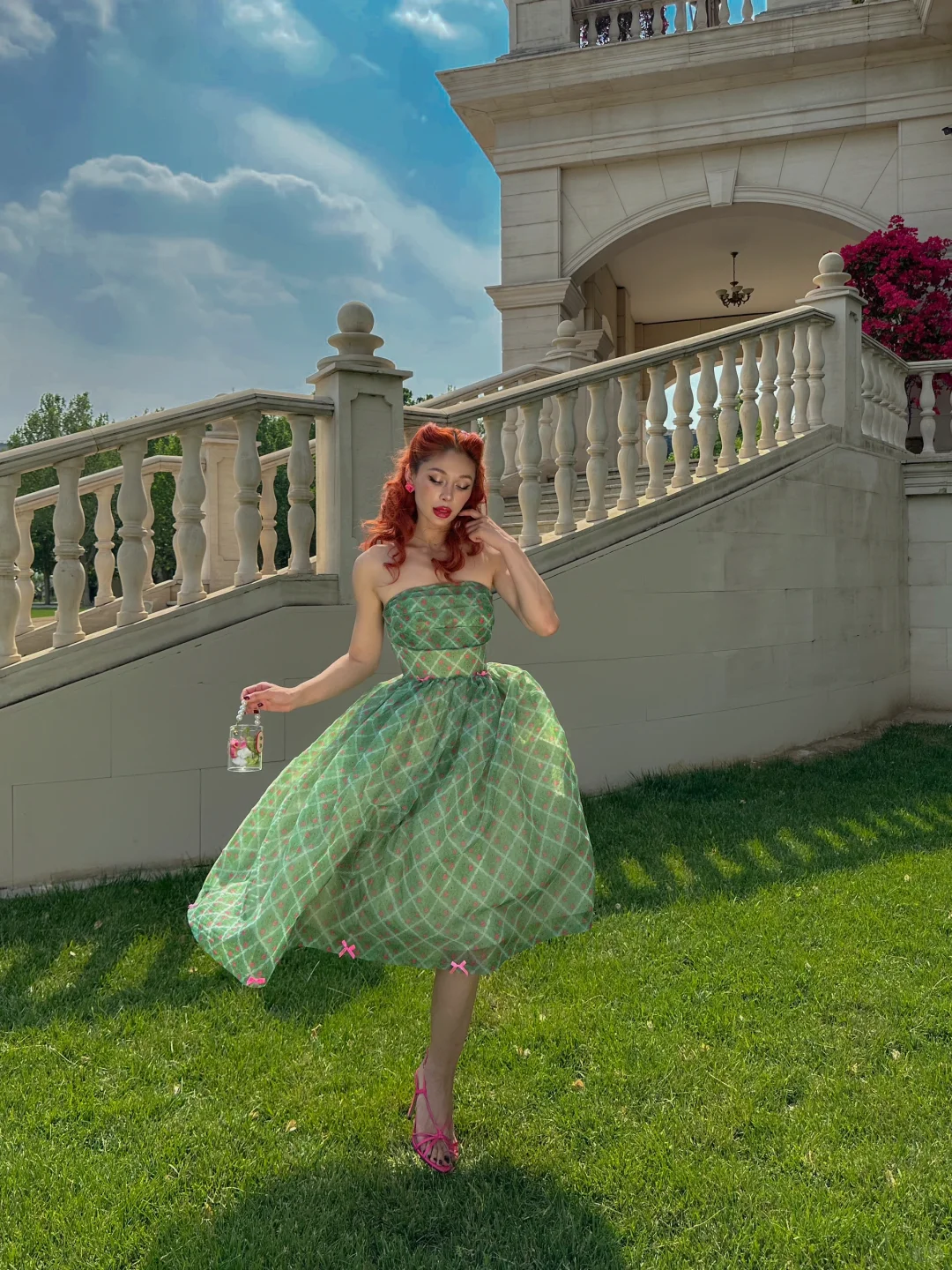 Vintage Ball Gown Strapless Green Plaid Chiffon Party Dress Homecoming Dress SH4301