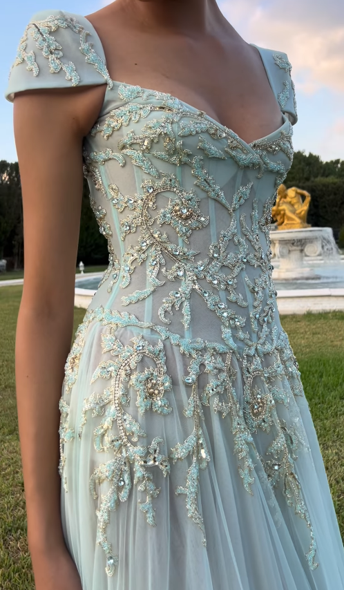 Baby Blue A Line Exquisite Beaded Tulle Prom Dress Wedding Guest Dress SH4723