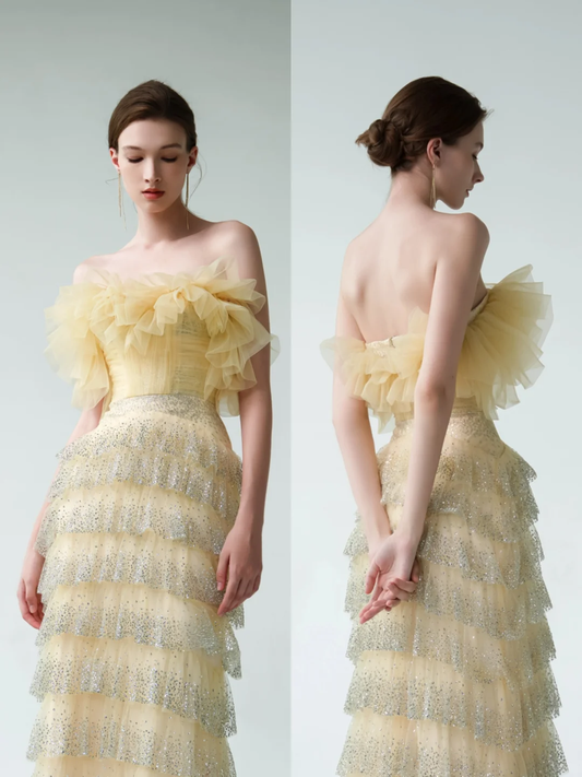 Yellow Sheath Strapless Layered Tulle Sequin Party Dress Prom Dress Formal Gown SH4309