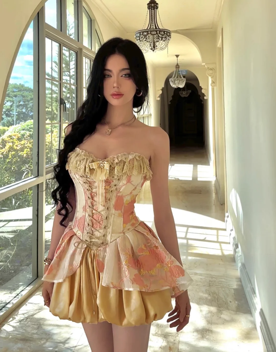 Golden A Line Sweetheart Neck Lace Satin Short Prom Dress Homecoming Dress SH4461