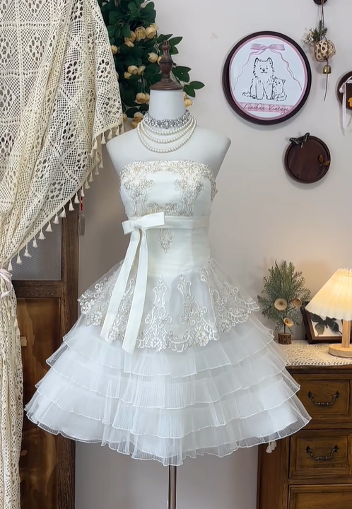 Vintage A Line Strapless Appliques Layered Bow Organza Short Homecoming Dress Cocktail Dress SH3001