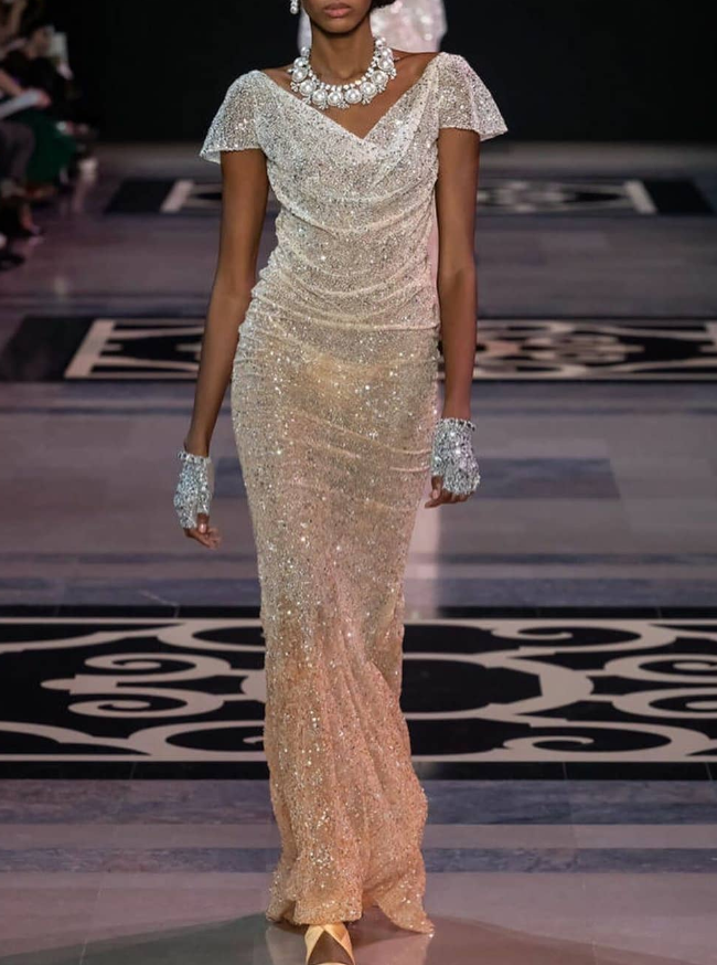 Elegant Sheath V Neck Champagne Sequin Long Prom Dress Evening Dress SH2187