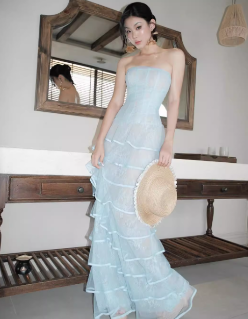 Baby Blue Sheath Strapless Layered Lace Tulle Prom Dress Evening Dress SH3112