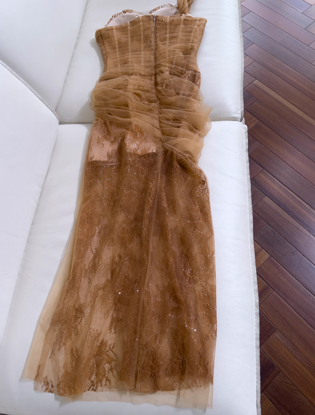 Sexy Brown Sheath One Shoulder Lace Prom Dress Birthday Dress SH4510