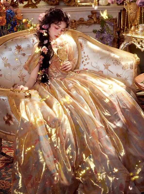 Dreamy Ball Gown Off the Shoulder Corset Golden Tulle Prom Dress 16th Birthday Dress SH4055