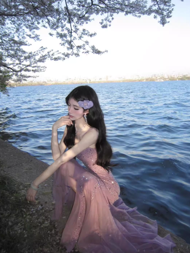 Purple Mermaid Spaghetti Strap Rhinestone Chiffon Prom Dress Vacation Dress Date Dress SH3986