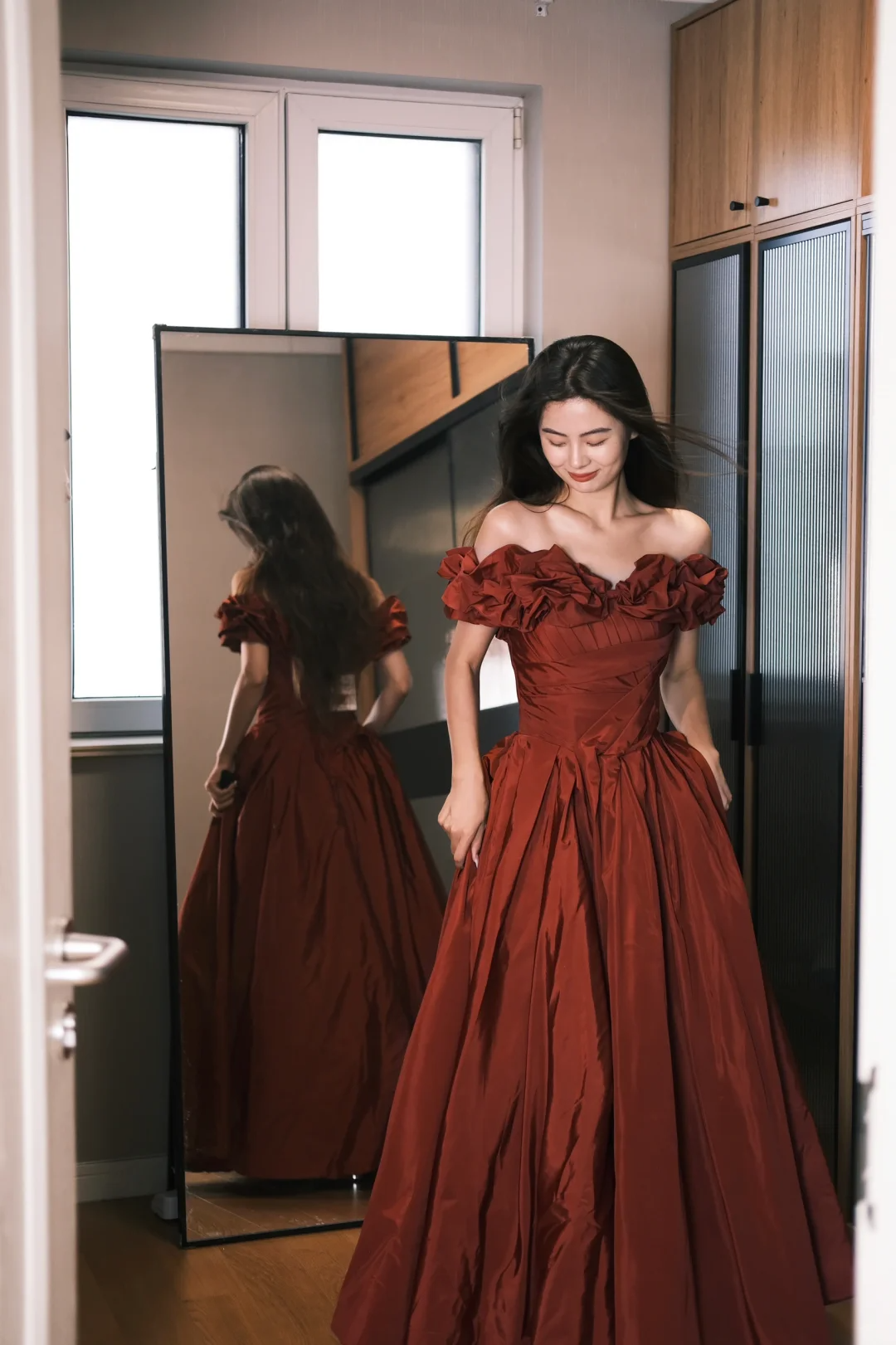 Romantic Burgundy A Line Off the Shoulder Pleated Satin Evening Dress Party Dress SH3479