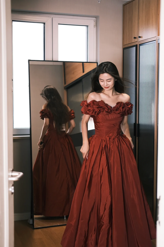 Romantic Burgundy A Line Off the Shoulder Pleated Satin Evening Dress Party Dress SH3479