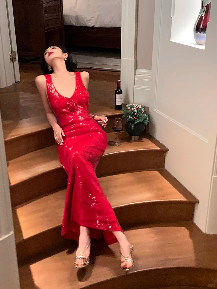 Charming Red Mermaid Halter Sequin Open Back Prom Dress Evening Dress SH4336