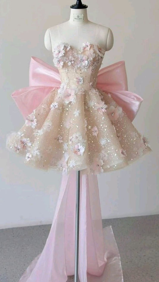 Pink A Line Sweetheart Neck Floral Sequin Tulle Homecoming Dress with Bow SH3409