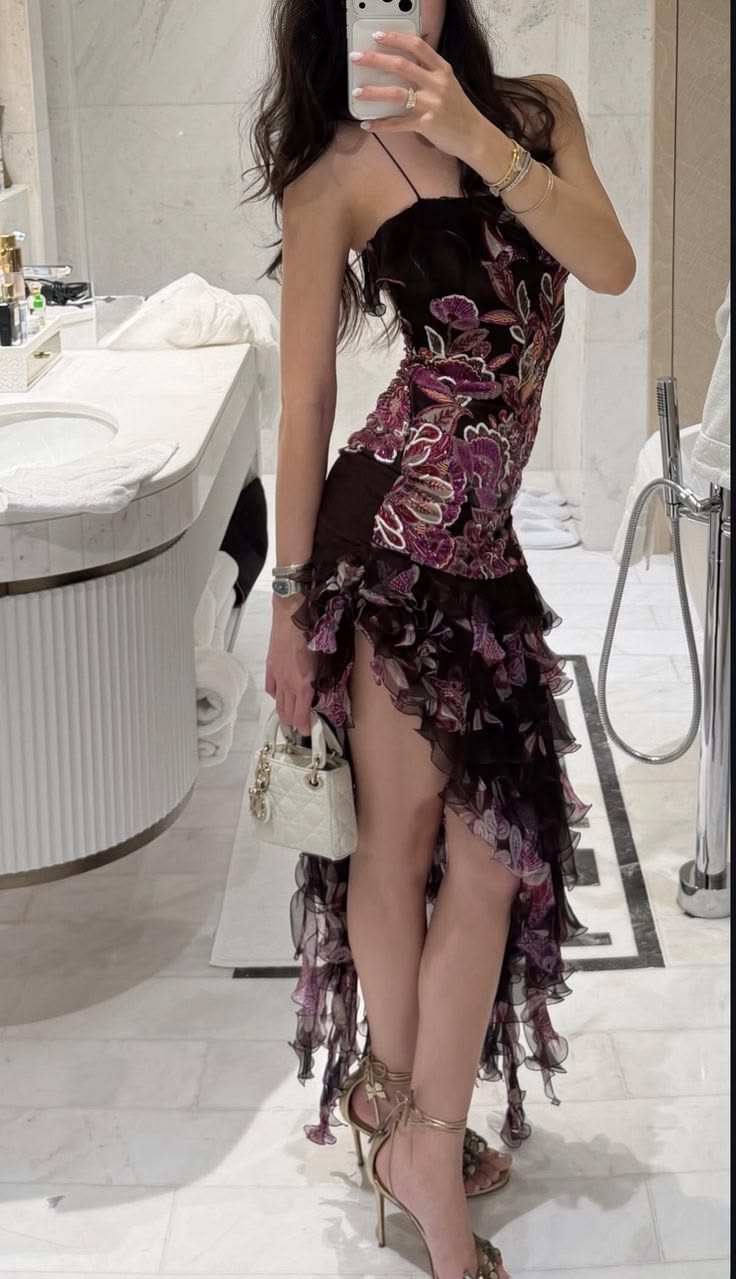 Sexy Sheath Spaghetti Strap Print Floral Black Ruffle Chiffon Party Dress Prom Dress SH7640