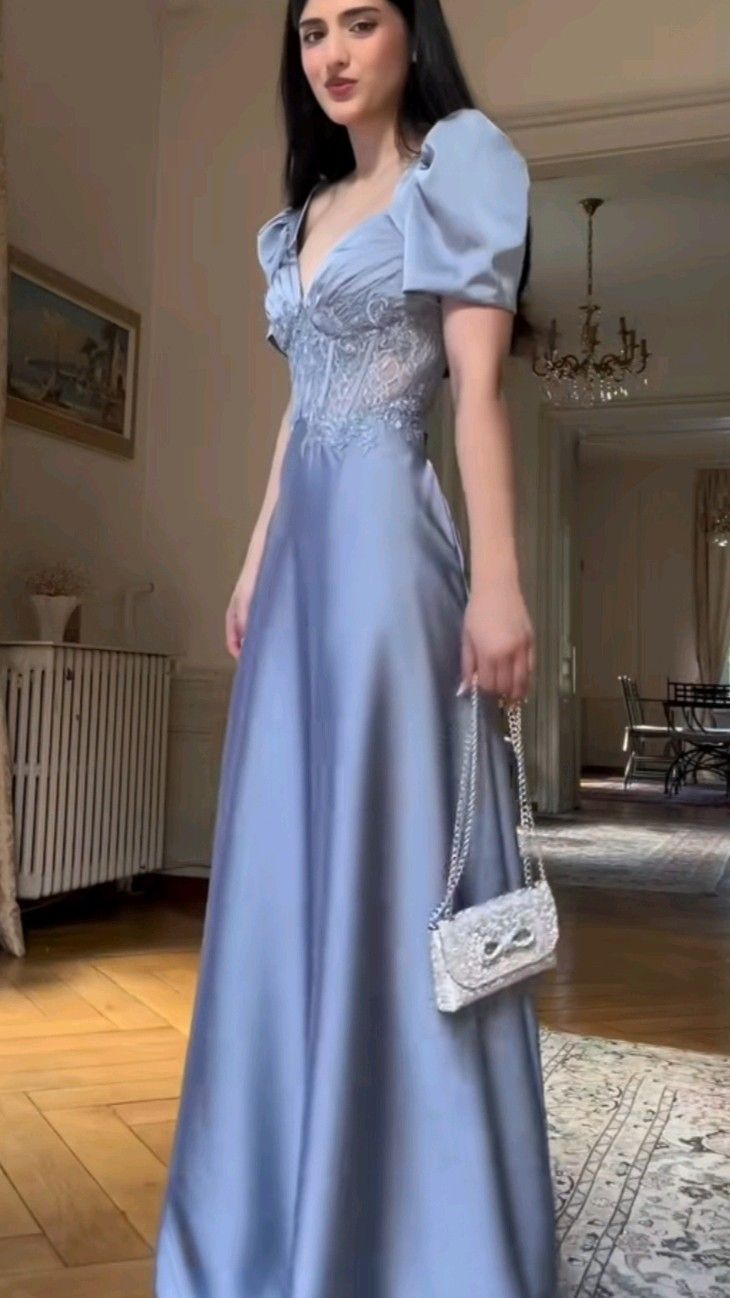 Gentle Baby Blue A Line Puff Lace Satin Long Party Dress Evening Dress Date Dress SH3463