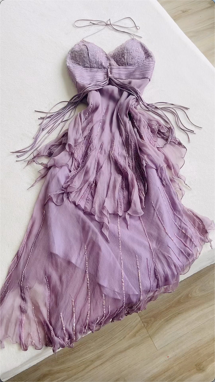 Lilac A Line Spaghetti Strap Beaded Sequin Chiffon Prom Dress Evening Dress SH2293