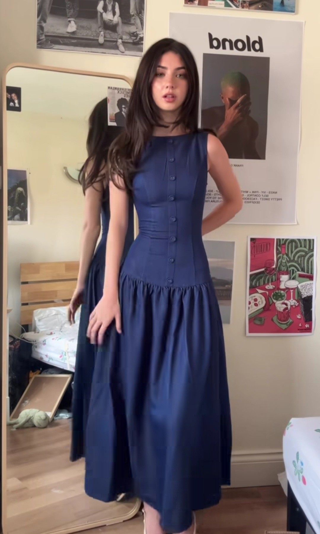 Navy Blue A Line Sleeveless Satin Long Prom Dress Evening Dress SH8869