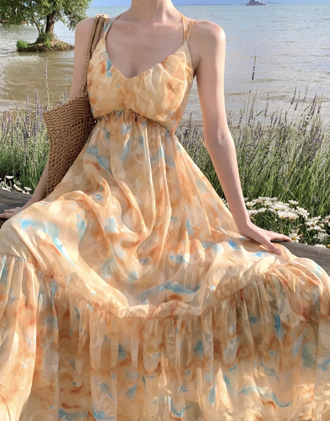 Flowy A Line Spaghetti Strap Floral Yellow Chiffon Prom Dress Vacation Dress SH4138