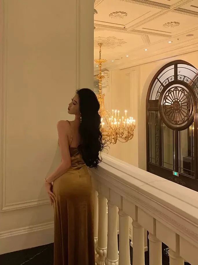 French Gold Velvet Slip Mermaid Prom Dress Long Evening Dress SH1429