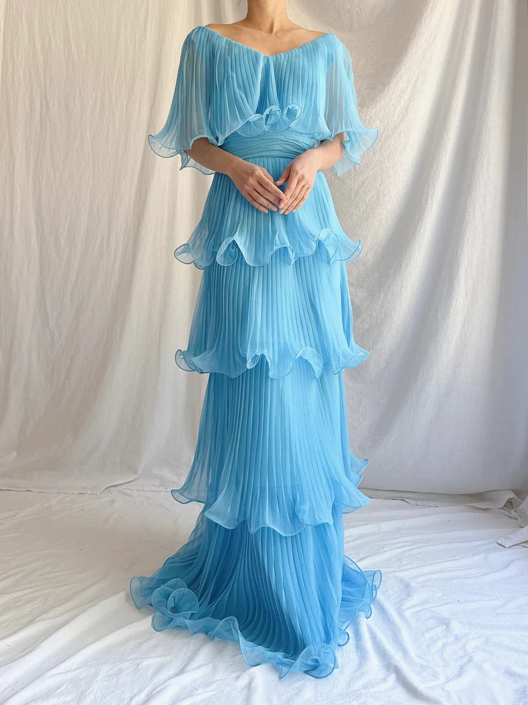 Blue Layered Chiffon A Line V Neck Simple Long Party Dress Evening Dre