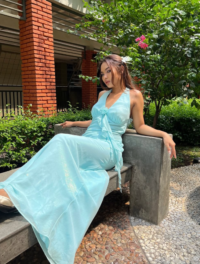 Baby Blue Vintage Halter Chiffon Backless Prom Dress Wedding Guest Dress SH5388