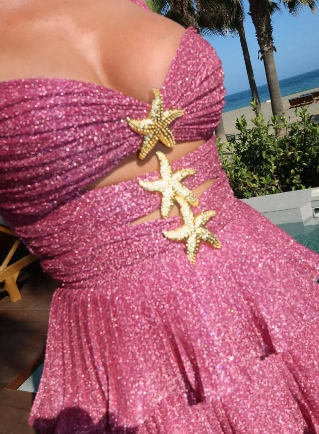 Shiny A Line Straps Tiered Hot Pink Sequin Short Homecoming Dress Outfits SH2281