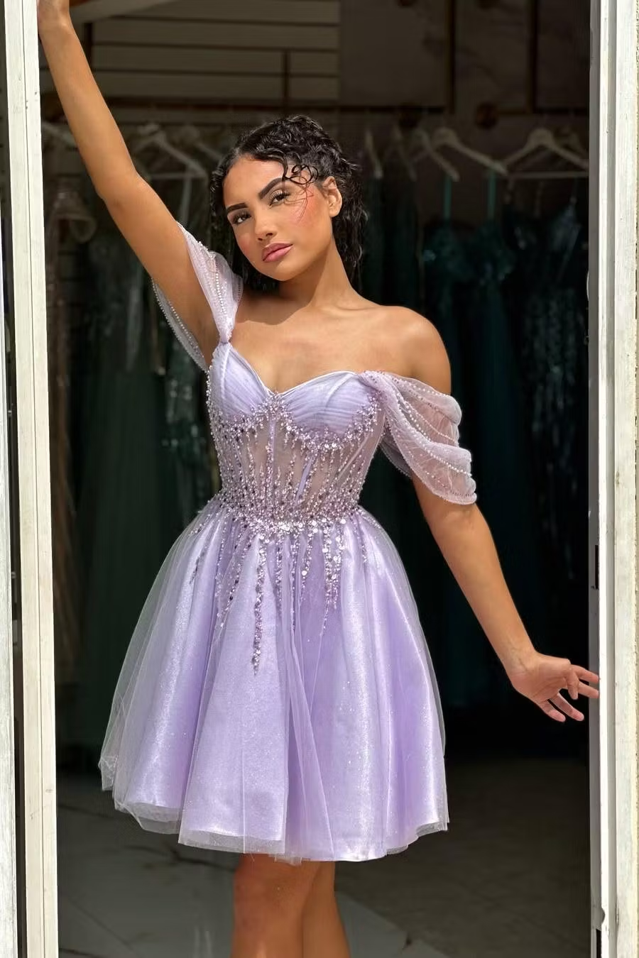 Stunning Lilac Sequins Strapless Short A Line Prom Dress with Beadings SH7513