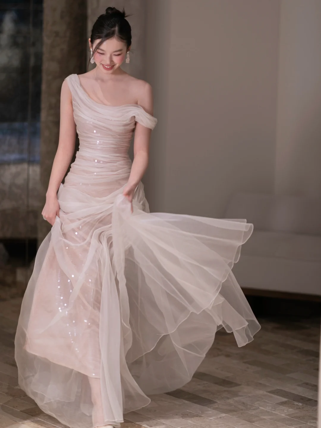 Flowy A Line Off the Shoulder Pleated Tulle Prom Dress Evening Dress SH4213