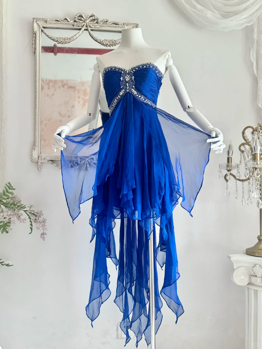 Vintage Blue A Line Sweetheart Neck Rhinestone Ruffle Chiffon Homecoming Dress Outfits SH4554