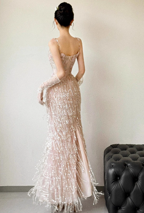 Exquisite Sheath Spaghetti Strap Beaded Tulle Prom Dress Evening Dress Party Dress SH4091