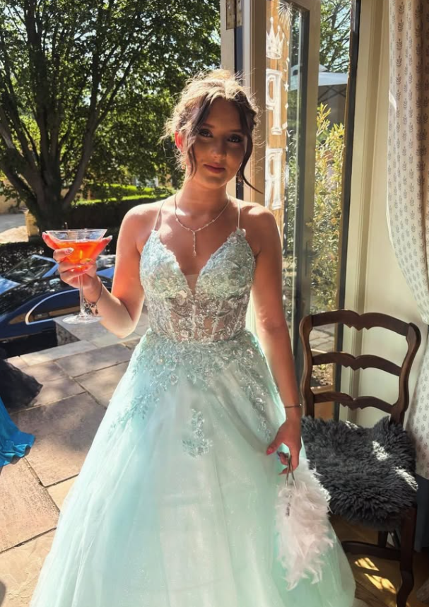 Light Blue A Line Spaghetti Strap Lace Ruffle Tulle Prom Dress Birthday Dress SH9016