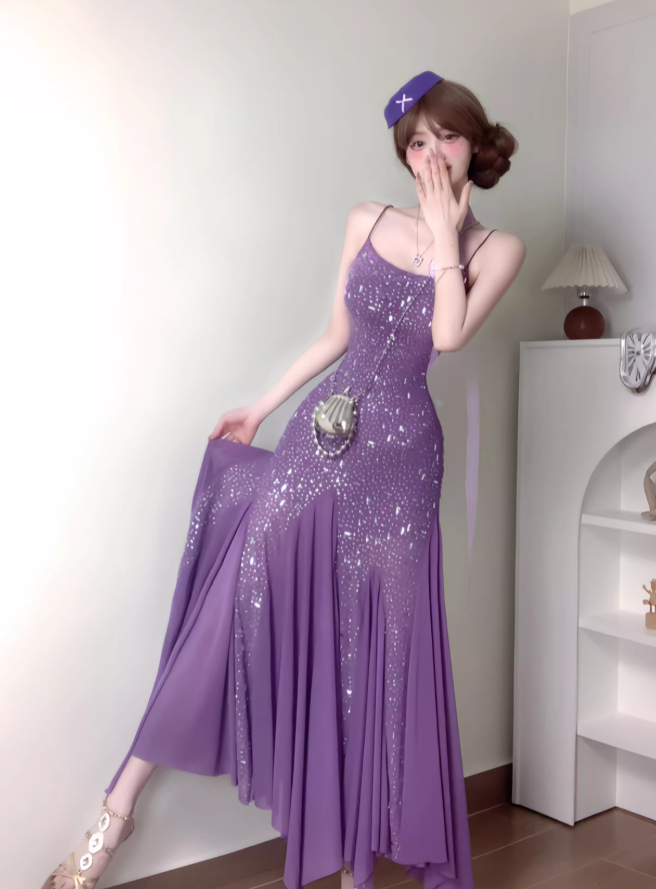 Purple Mermaid Spaghetti Strap Rhinestone Chiffon Prom Dress Vacation Dress Date Dress SH3986
