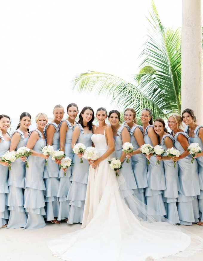 Baby Blue Mermaid Straps Tiered Satin Prom Dress Bridesmaid Dress SH2606