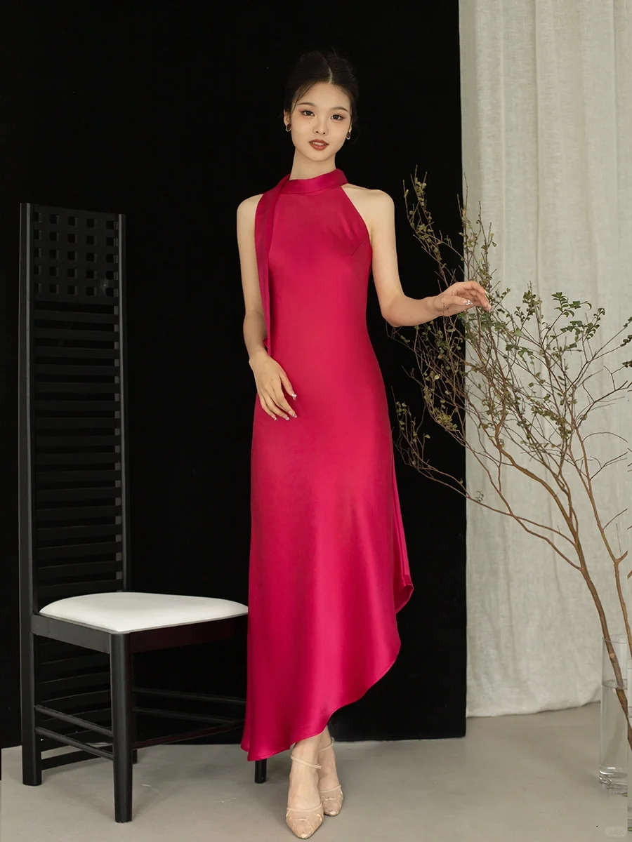Simple Brilliant Rose A Line Spaghetti Strap Satin Prom Dress Evening Dress SH4212