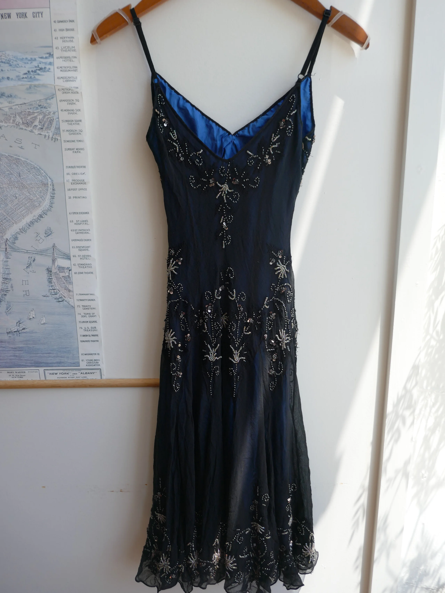 Gorgeous Mermaid Spaghetti Straps Beaded Navy Blue Satin Long Prom Dress SH1150