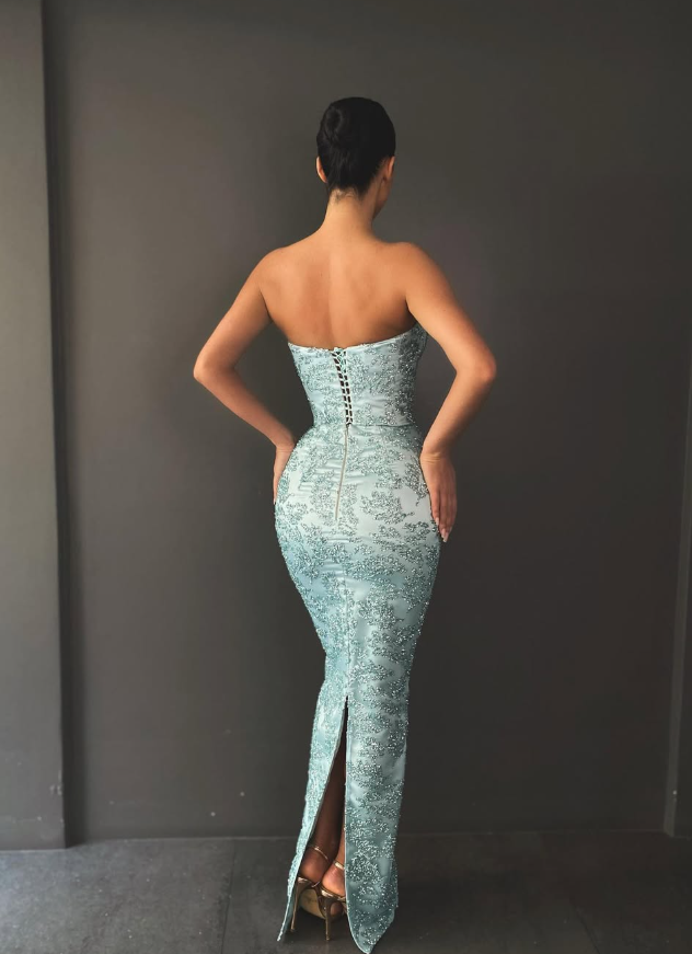 Shiny Baby Blue Sheath Sweetheart Neck Sequin Satin Prom Dress Evening Dress SH6125