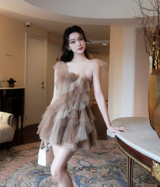 Romantic Brown A Line V Neck Layered Tulle Short Homecoming Dress Cocktail Dress SH3302