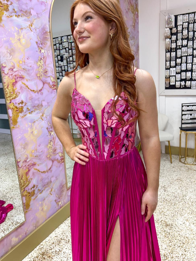 Hot Pink A Line Spaghetti Strap Beaded Satin Long Prom Dress Evening Dress with Slit SH6807