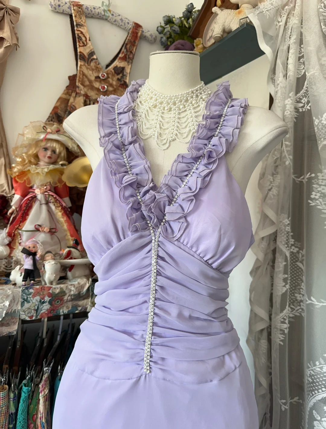 Lilac Vintage Mermaid V Neck Ruffle Chiffon Graduation Prom Dress SH5373