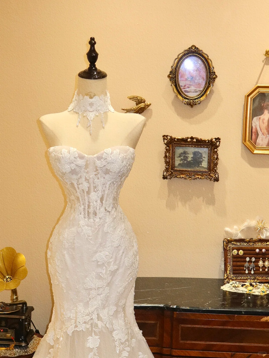 Elegant Mermaid Sweetheart Neck White Lace Tulle Long Prom Dress Wedding Dress SH7392