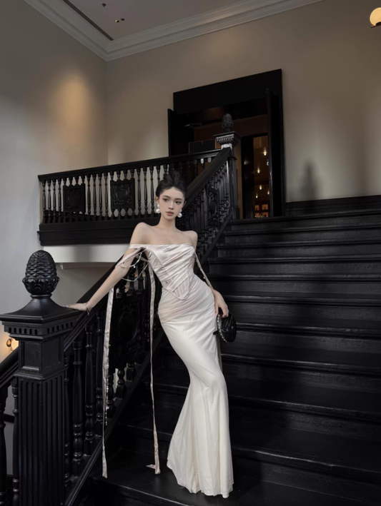 Apricot Gentle Mermaid Off the Shoulder Satin Prom Dress Evening Dress SH3762