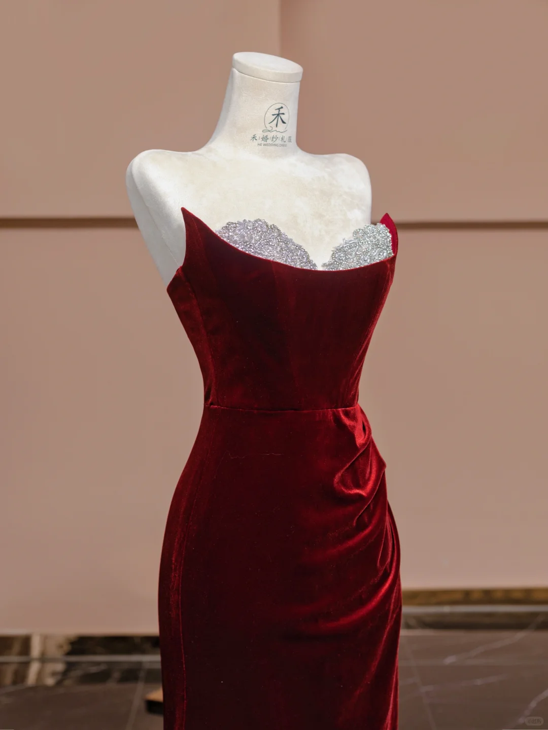 Burgundy Mermaid Strapless Beaded Velvet Long Prom Dress Party Dress SH4368