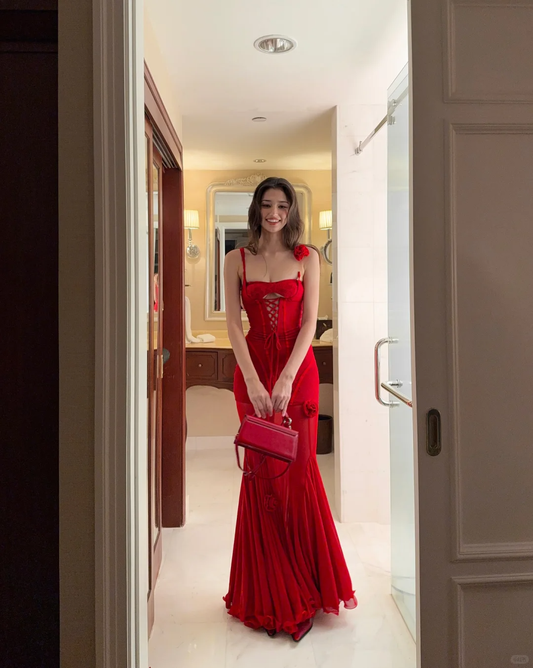 Sexy Mermaid Spaghetti Strap Flower Tulle Party Dress Evening Dress SH3353